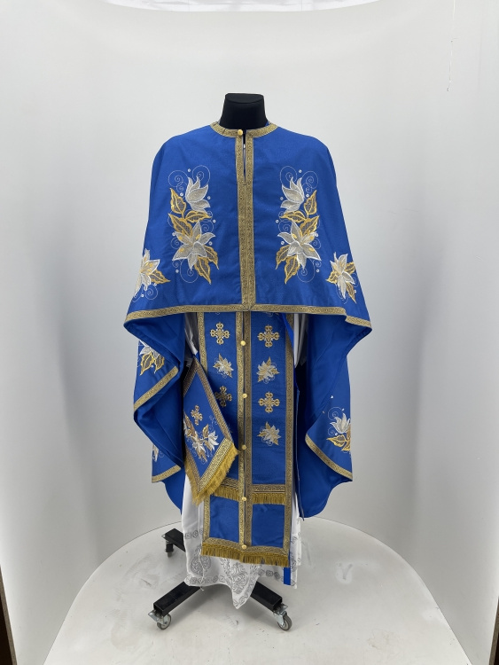 Priest Vestments, Greek Style, Embroidered Gabardine with Sewn Galloon, with Embroidered Icon of the Mother of God