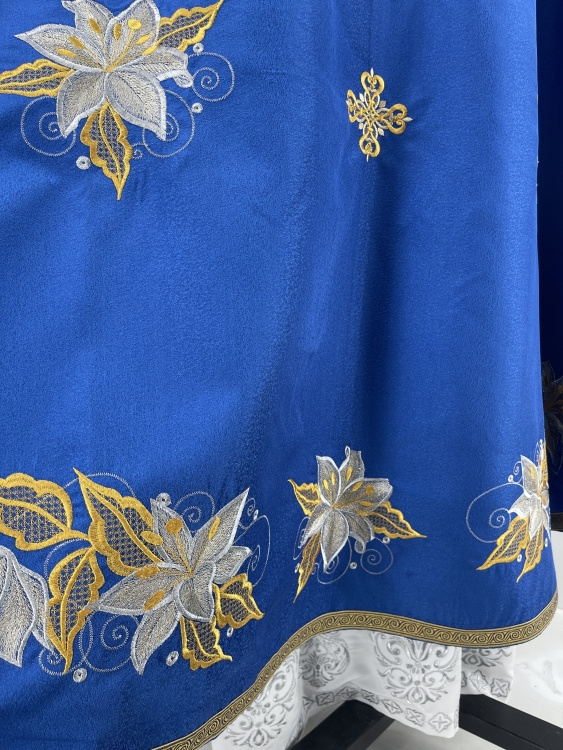 Priest Vestments, Greek Style, Embroidered Gabardine with Sewn Galloon, with Embroidered Icon of the Mother of God