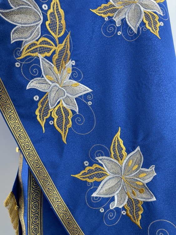 Priest Vestments, Greek Style, Embroidered Gabardine with Sewn Galloon, with Embroidered Icon of the Mother of God