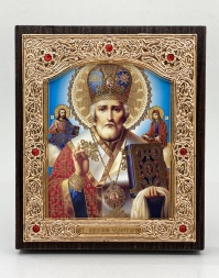 Icon of St. Nicholas the Wonderworker, blue background, blue mitre, 11x13