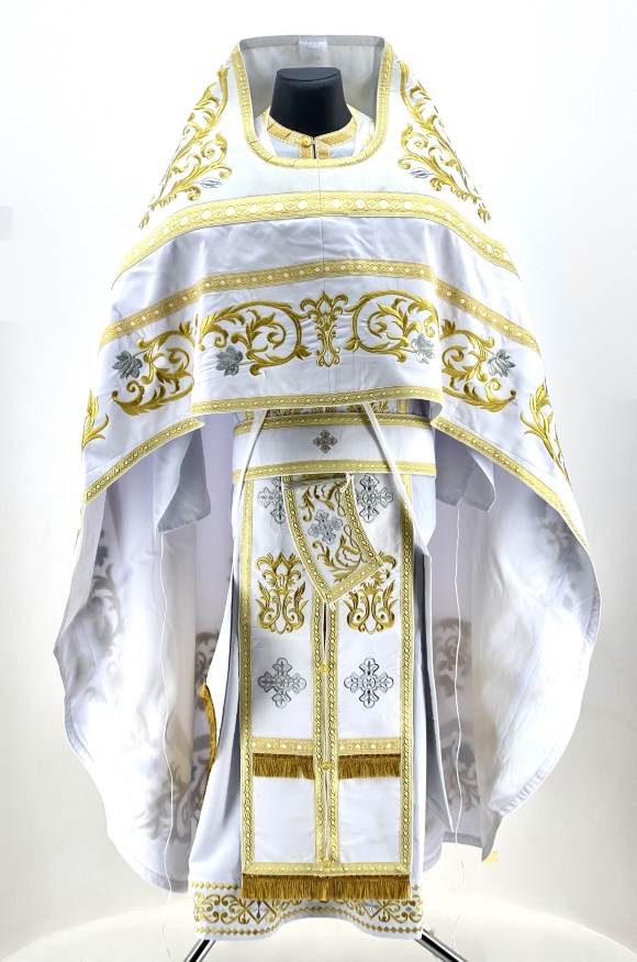 Embroidered Priest Vestment on Gabardine, Embroidery "Rose" with Sewn Braid