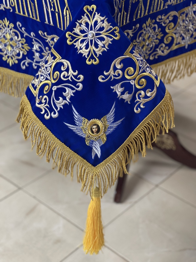 Shroud of the Mother of God on velvet 150×90 cm (embroidered ornament 2, embroidered and adorned center)