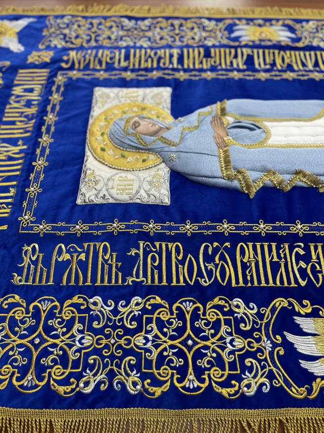 Shroud of the Mother of God on velvet 120×80 cm (embroidery ornament 2, embroidered and decorated center)