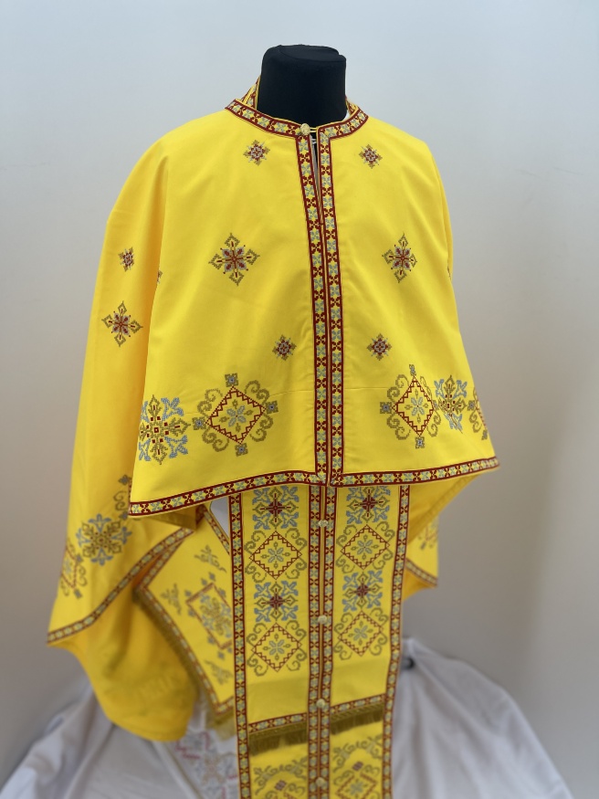 Priest Vestment, Greek Cut, Embroidered with French Cross Stitch on Gabardine with Embroidered Galloon