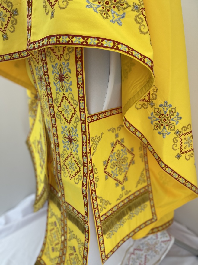 Priest Vestment, Greek Cut, Embroidered with French Cross Stitch on Gabardine with Embroidered Galloon