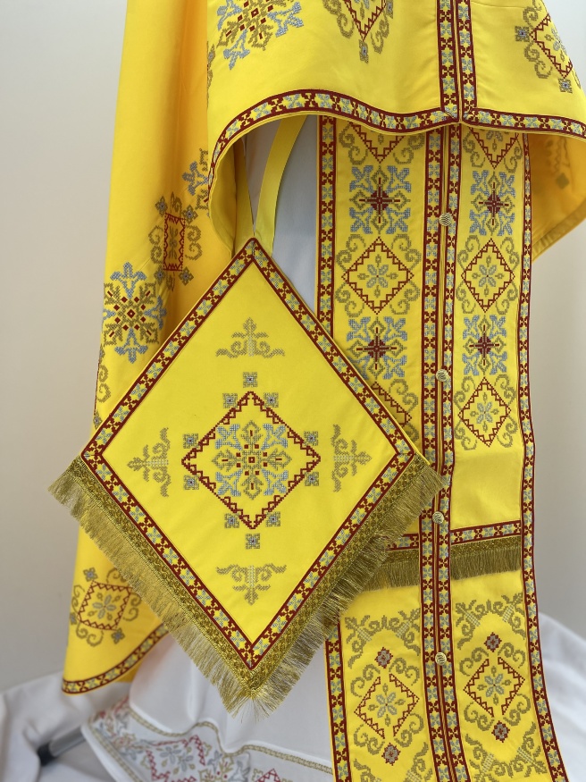 Priest Vestment, Greek Cut, Embroidered with French Cross Stitch on Gabardine with Embroidered Galloon