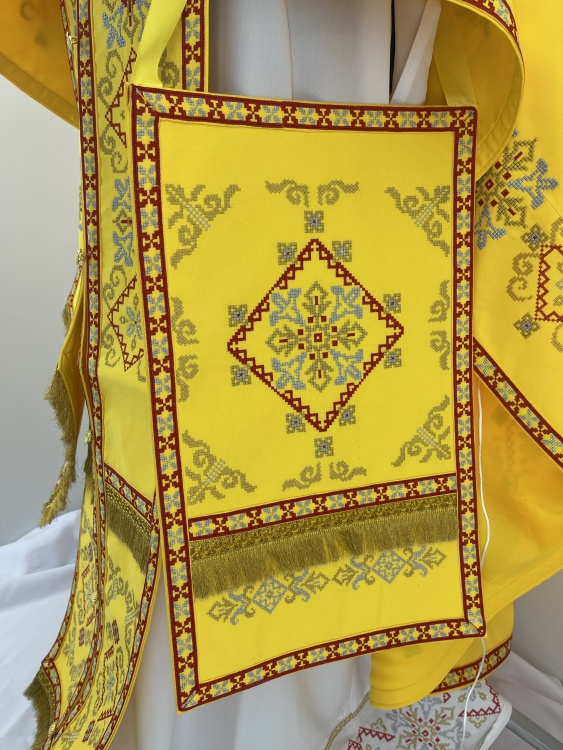 Priest Vestment, Greek Cut, Embroidered with French Cross Stitch on Gabardine with Embroidered Galloon