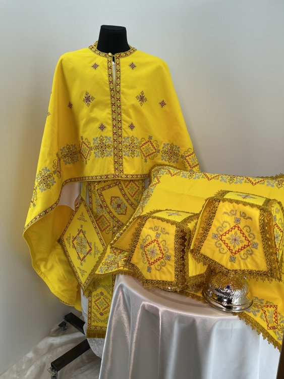 Priest Vestment, Greek Cut, Embroidered with French Cross Stitch on Gabardine with Embroidered Galloon