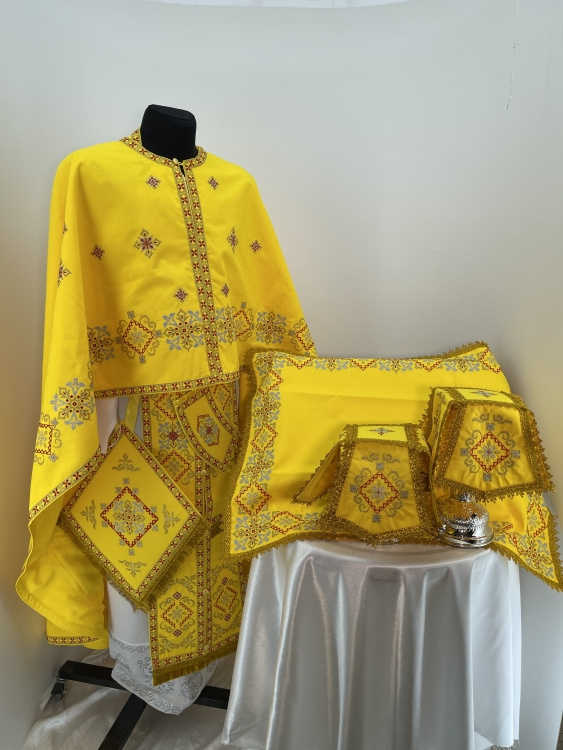 Priest Vestment, Greek Cut, Embroidered with French Cross Stitch on Gabardine with Embroidered Galloon