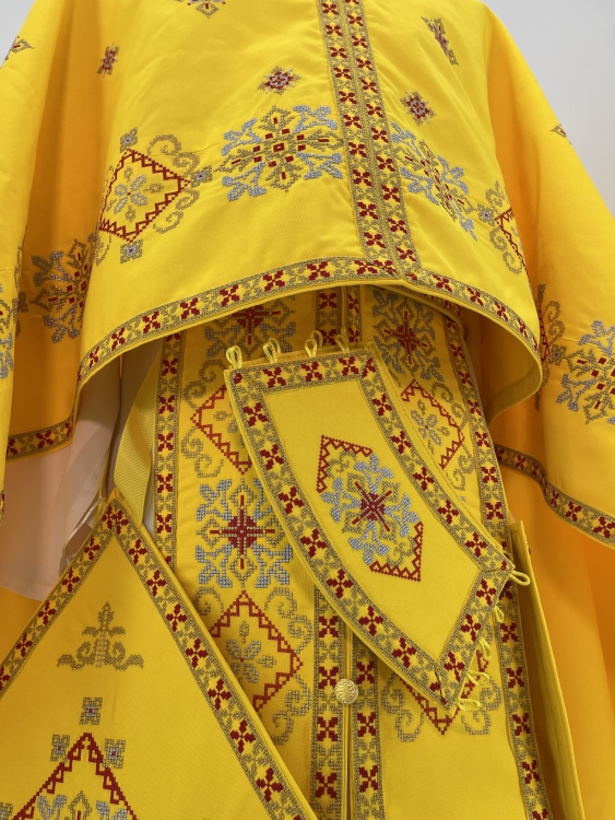 Priest Vestment, Greek Cut, Embroidered with French Cross Stitch on Gabardine with Embroidered Galloon