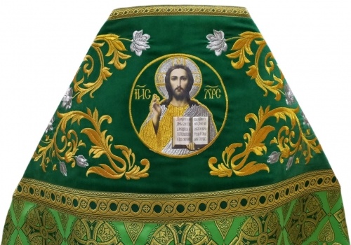 Combined Vestment Made of Green Brocade with Embroidered Epitrachelion Fabric "Florivsky Cross" Embroidery "Rose"