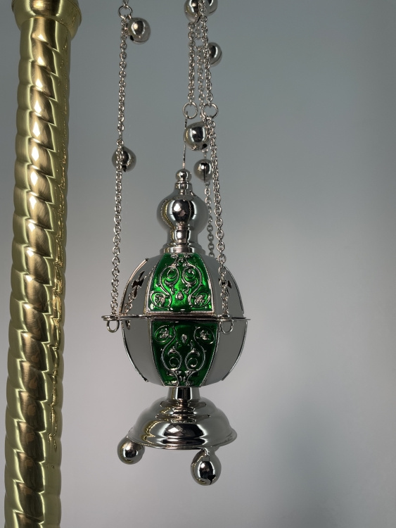Hexagonal Censer, Silver with Colored Enamel and Bells