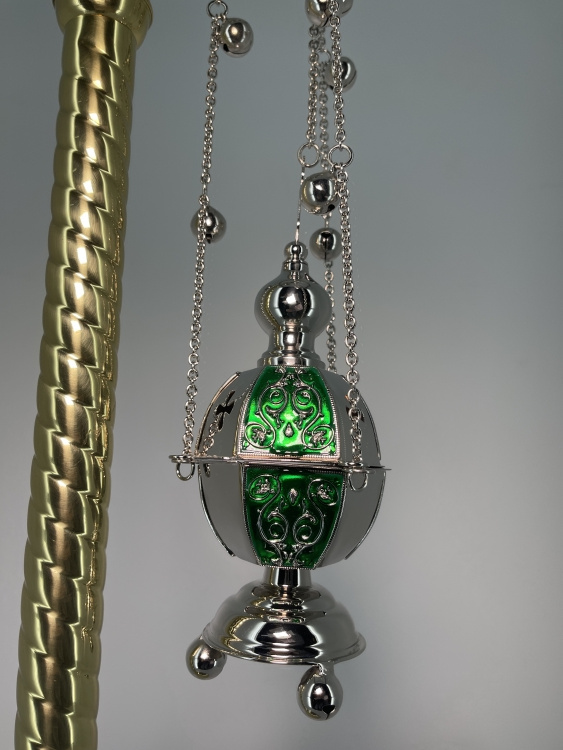Hexagonal Censer, Silver with Colored Enamel and Bells