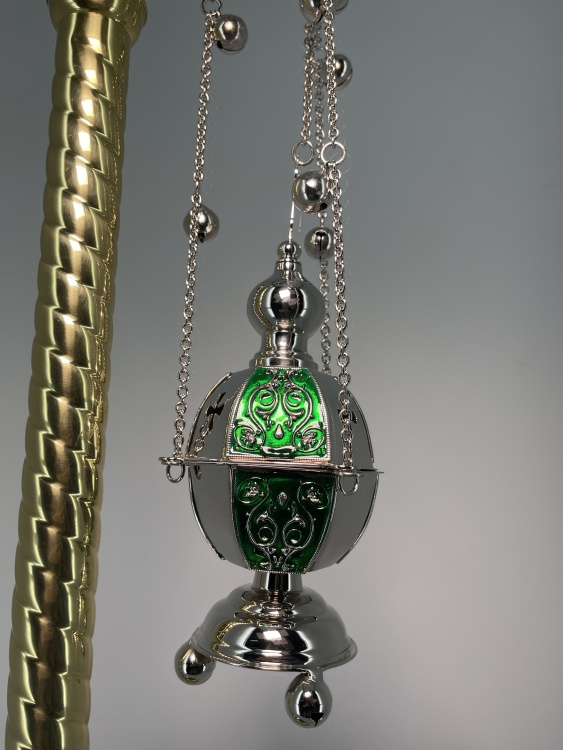 Hexagonal Censer, Silver with Colored Enamel and Bells