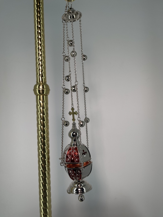 Hexagonal Censer, Silver with Colored Enamel and Bells