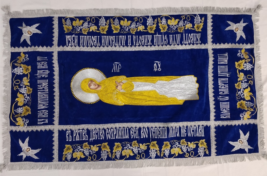 The Shroud of the Mother of God on Velvet (Angels, Silver) (Embroidered Grapevine, Embroidered Center) 165×98, Center 100×46