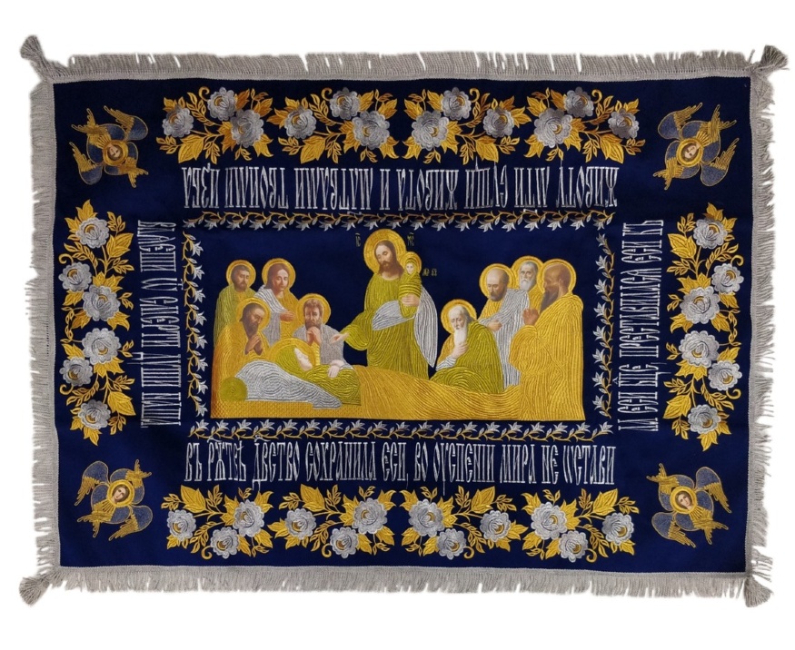 The Shroud of the Mother of God on Velvet (Cherubim) (Embroidered Rose, with Attendants, with Embroidered Center) 130×90