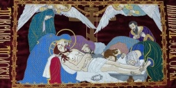 Embroidered Epitaphios on Velvet in Church Slavonic, Ornament Embroidery, with Intercessors, Front Embroidery 120×85