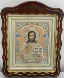 Icons "Wedding Couple" lithograph dome yellow blue, brown, gold patina 30×24cm