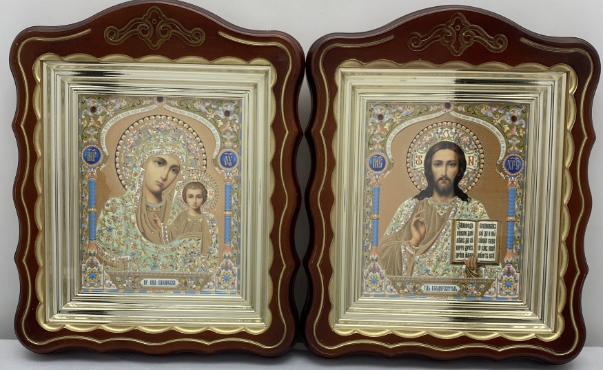 Icons "Wedding Couple" lithograph dome yellow blue, brown, gold patina 30×24cm