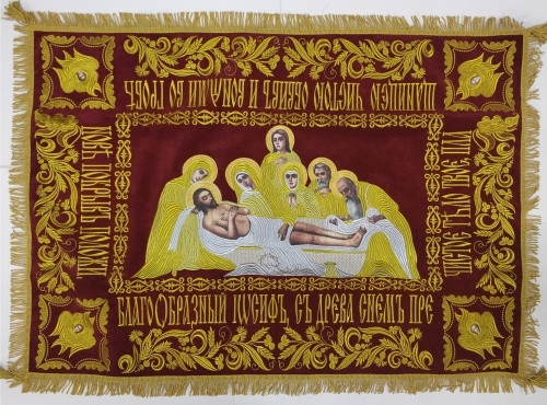 Embroidered Epitaphios on Velvet with Church Slavonic Embroidery, Wildflowers, with Attendants, 125x90