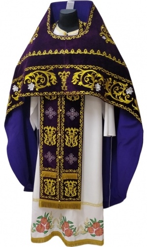 Priest Vestments, Embroidered on Velvet, Embroidered Center with Icons, with Embroidered Galloon