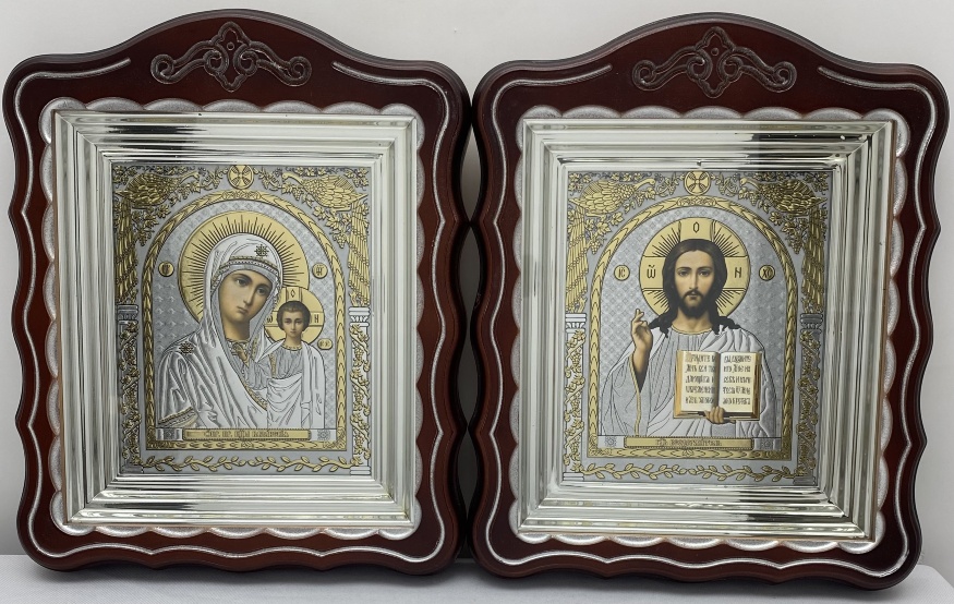 Icons "Wedding Couple" with peacock lettering, in a box, silver plating, 30×24 cm