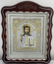 Icons "Wedding Couple" with peacock lettering, in a box, silver plating, 30×24 cm