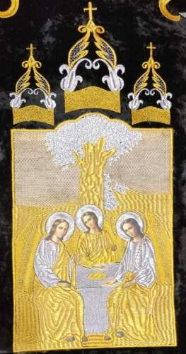 Embroidered Banners (pair), embroidery "lily", embroidered icon and cross