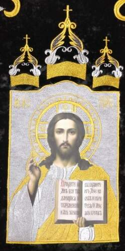 Embroidered Banners (pair), embroidery "lily", embroidered icon and cross