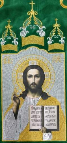 Embroidered Banners (pair), embroidery "lily", embroidered icon and cross