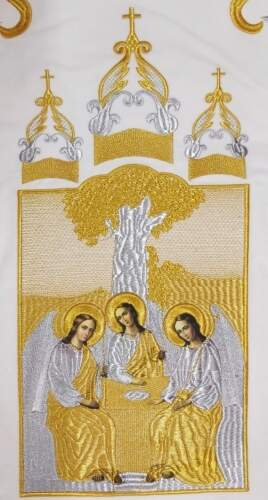Embroidered Banners (pair), embroidery "lily", embroidered icon and cross