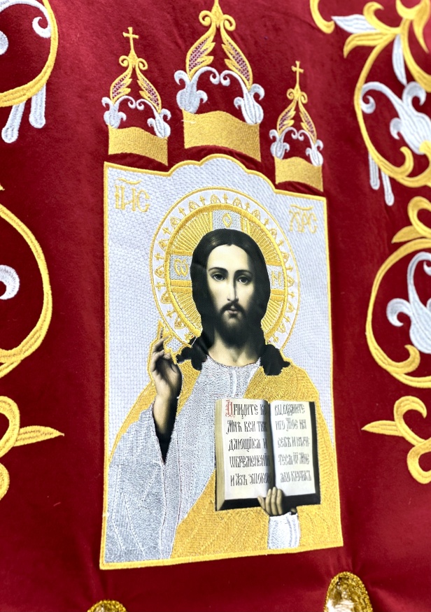 Embroidered Banners (pair), embroidery "lily", embroidered icon and cross