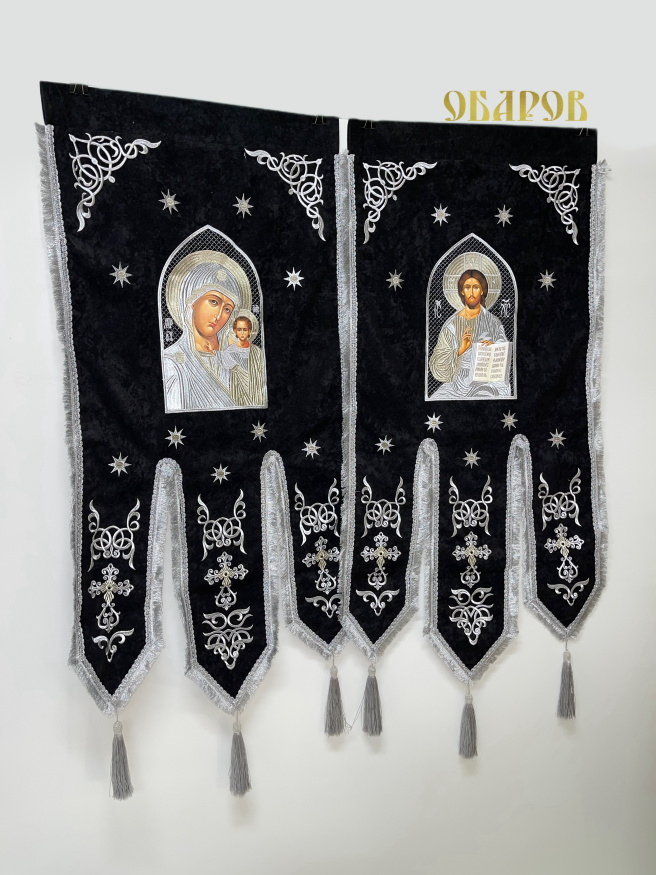Embroidered Banners (pair), embroidery "lily", embroidered icon and cross