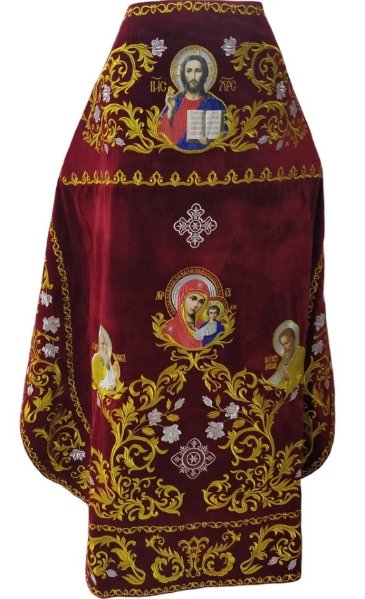 Vestments for Priest, Embroidered on Velvet, Embroidered Center with Icons, with Embroidered Galoon Trim