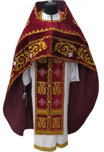 Vestments for Priest, Embroidered on Velvet, Embroidered Center with Icons, with Embroidered Galoon Trim