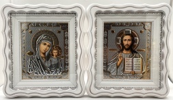 Icons "Wedding Couple" with embossed lettering, white, gold patina, 27x24cm