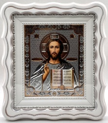 Icons "Wedding Couple" with embossed lettering, white, gold patina, 27x24cm