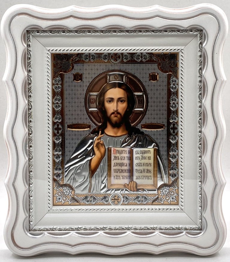 Icons "Wedding Couple" with embossed lettering, white, gold patina, 27x24cm