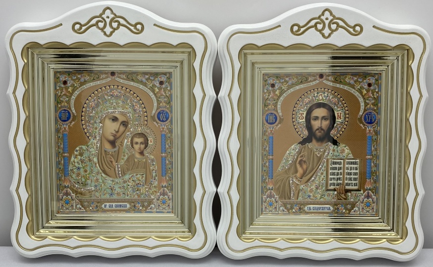 Icons "Wedding Couple" inscription dome yellow, blue, white, patina gold 30x24cm