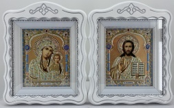Icons "Wedding Couple" lit. dome yellow, blue, white, patina silver 30x24cm
