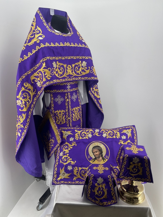 Priest Vestments, Embroidered on Brocade, Embroidered Center, with Embroidered Galloon