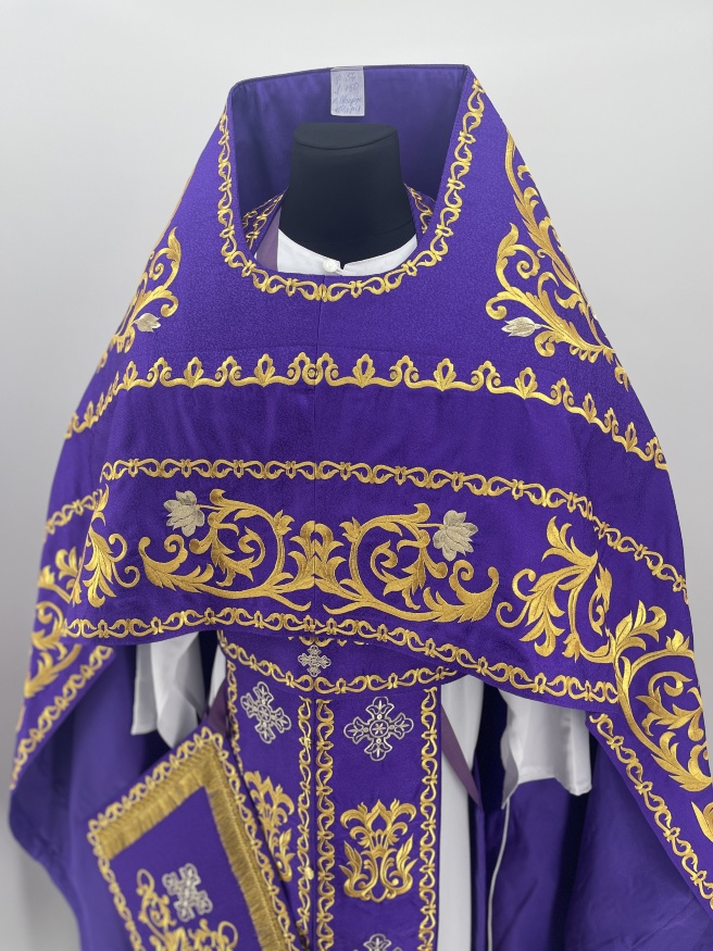 Priest Vestments, Embroidered on Brocade, Embroidered Center, with Embroidered Galloon
