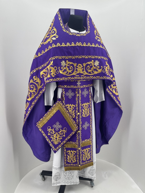 Priest Vestments, Embroidered on Brocade, Embroidered Center, with Embroidered Galloon