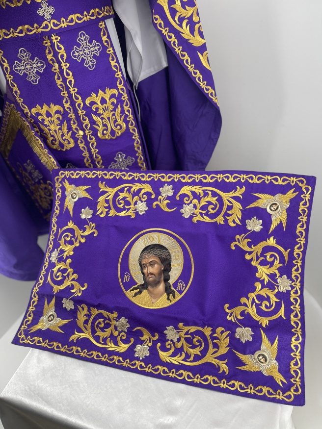 Priest Vestments, Embroidered on Brocade, Embroidered Center, with Embroidered Galloon