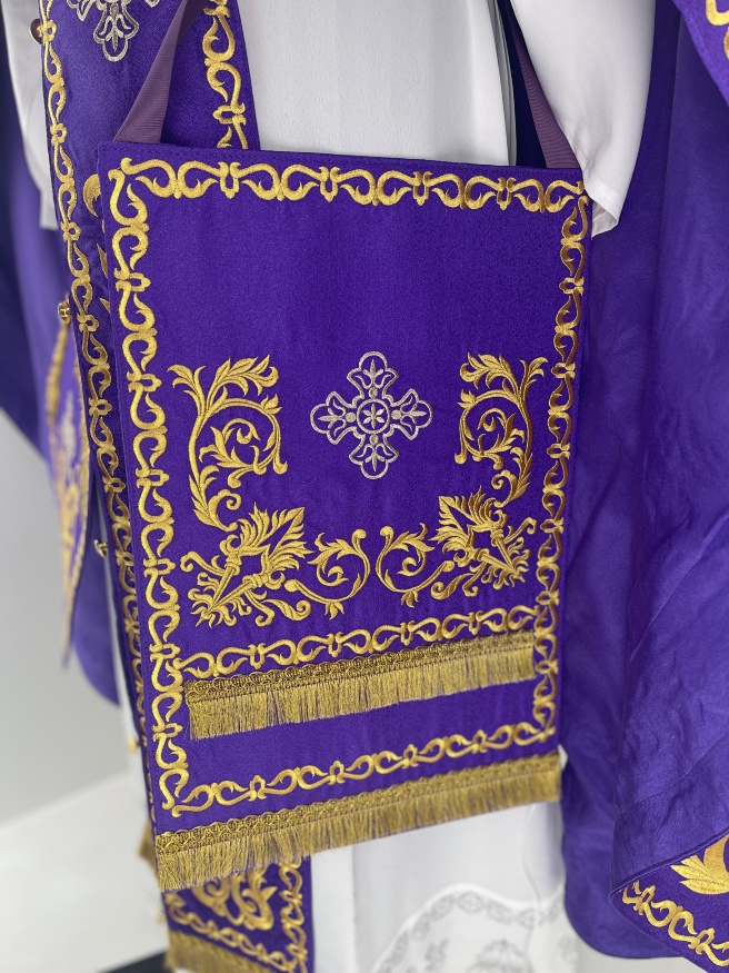 Priest Vestments, Embroidered on Brocade, Embroidered Center, with Embroidered Galloon