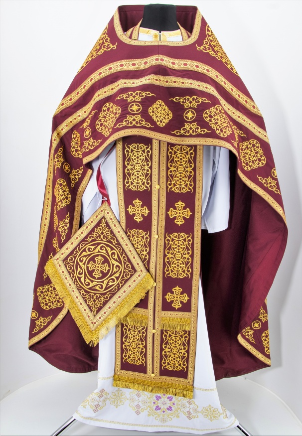 Priest Vestment Embroidered on Gabardine, "Circle" Embroidery with Sewn-On Galloon