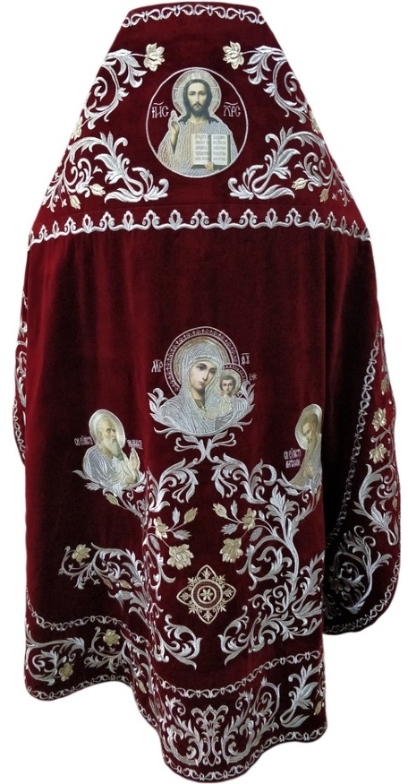Priest Vestments, Embroidered on Velvet, Embroidered Center with Icons, with Embroidered Galloon