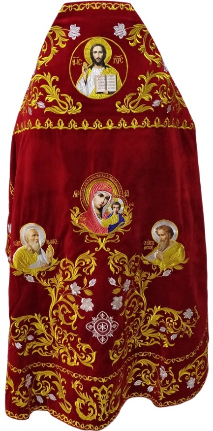 Priest’s Vestments, Embroidered Velvet, Embroidered Center with Icons, with Embroidered Galloon