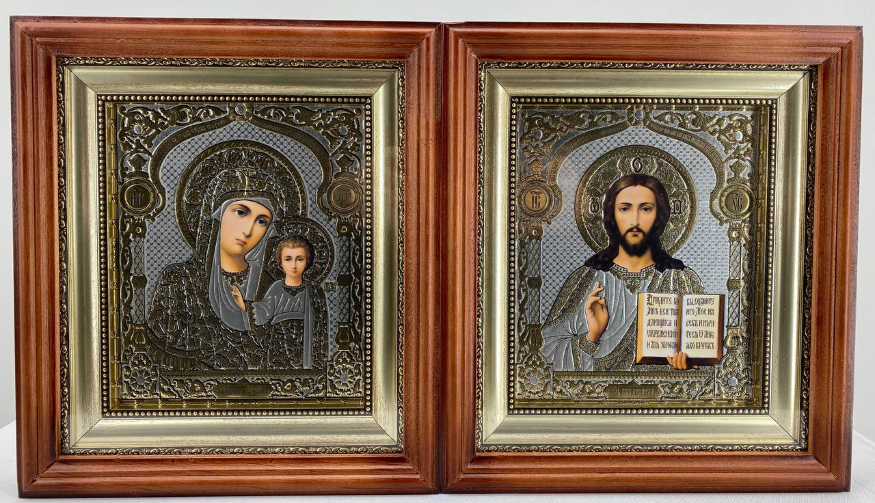 Icons "Wedding Couple" (lithograph, purchased, floral frame, brown, pair) 26×23 cm